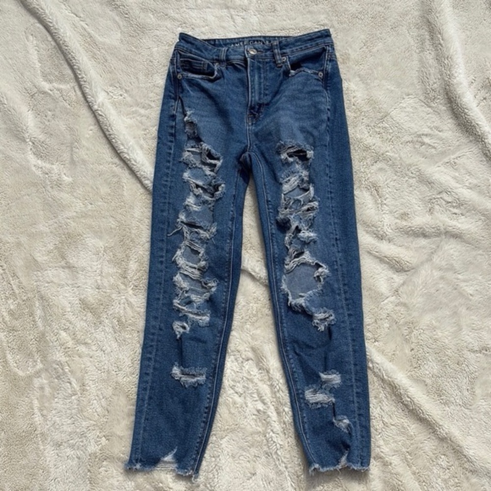 American Eagle Distressed Stretch Skinny Jeans Size 0 Short  Raw Hem Y2K Denim